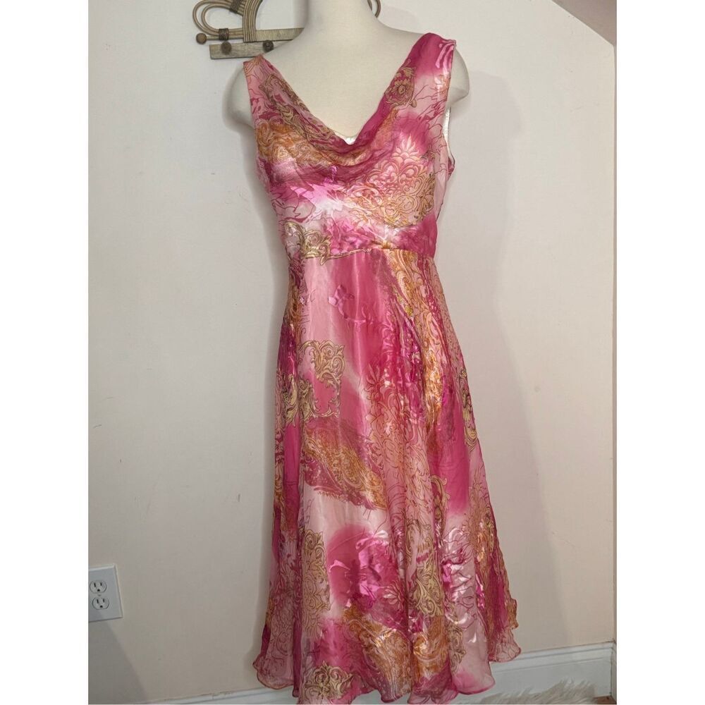 Victor Costa Y2K Pink and Yellow Paisley Silk Party Dress 12